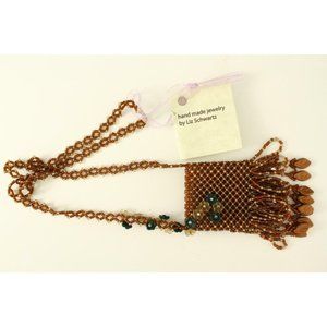 Artisan Jewelry Beaded WICCA Amulet Bag Copper Fringe Necklace by Liz Schwartz